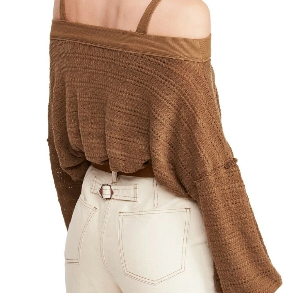 Free People Women's Tops Sistine Hacci Cold Shoulder Top sweater Brown‎ boho y2k